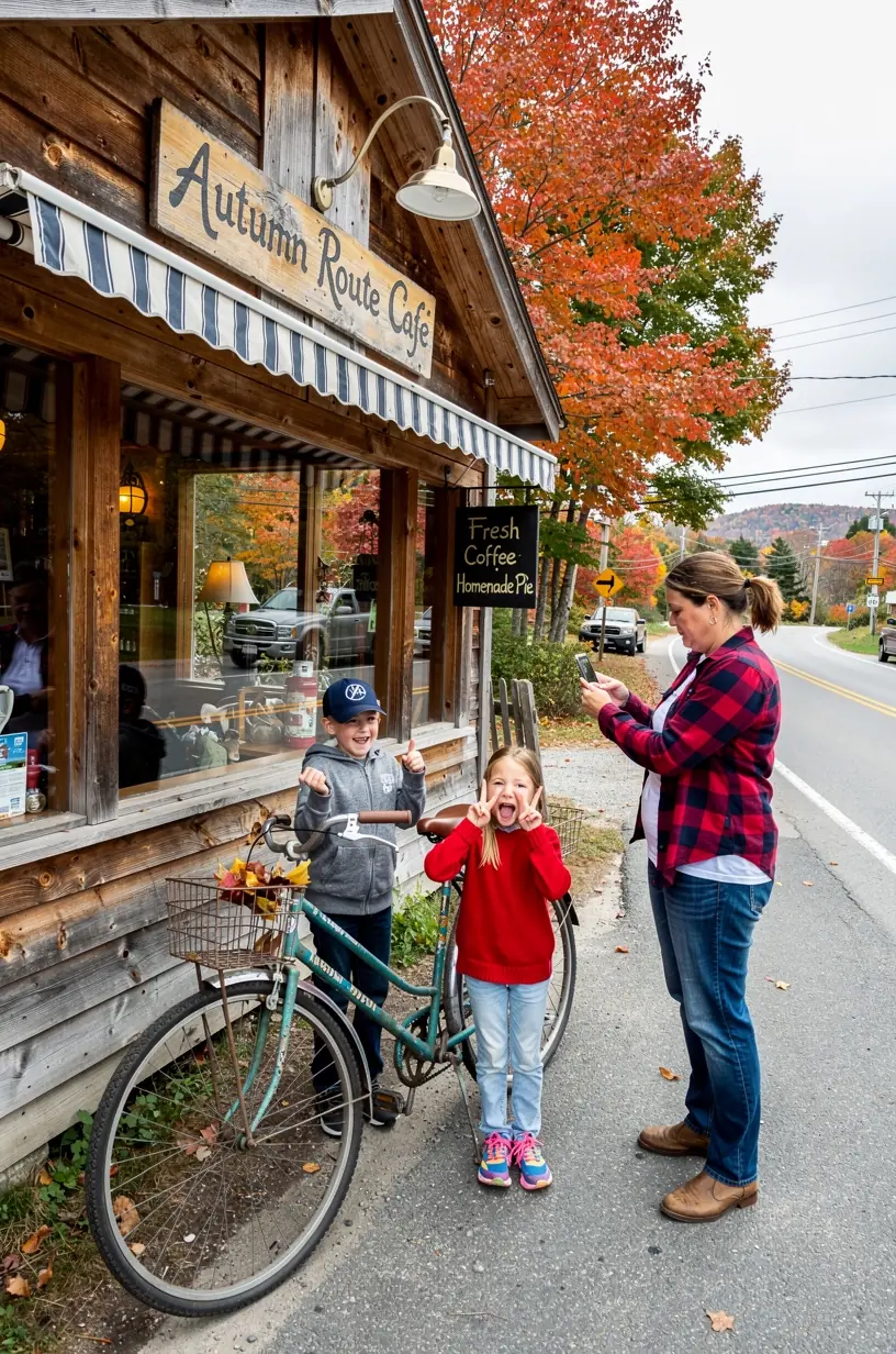 Фотограф на фоне знакового кафе с туристическими сувенирами и оборудованием для моментальной печати.