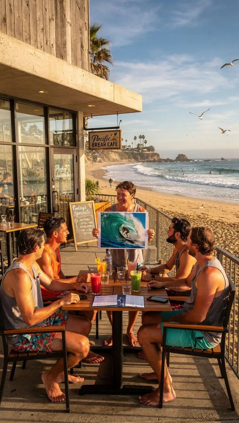 Путешественники делают снимки на фоне живописного пейзажа у кафе с моментальной печатью фотографий.